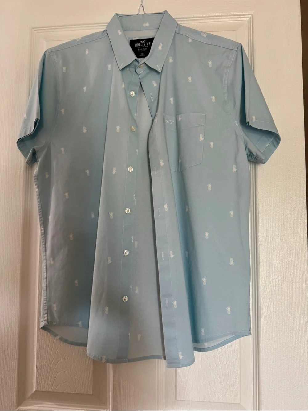 Hollister Light Blue Short Sleeve Button-Down with White Pineapple Print